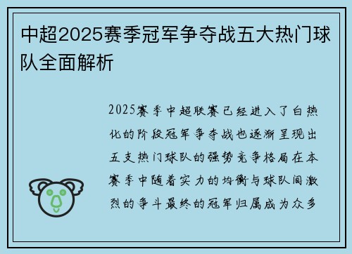 中超2025赛季冠军争夺战五大热门球队全面解析