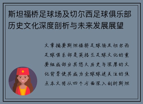 斯坦福桥足球场及切尔西足球俱乐部历史文化深度剖析与未来发展展望